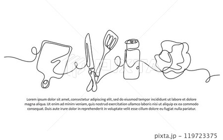 Continuous line design of kitchen appliances. Single line decorative element drawn on white. Continuous line design of kitchen appliances. Single line decorative element drawn on white. 119723375