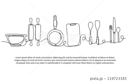Continuous line design of cooking equipment. Single line decorative element drawn on white. 119723385