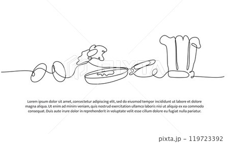 Continuous line design of cooking equipment. Single line decorative element drawn on white. Continuous line design of cooking equipment. Single line decorative element drawn on white. 119723392