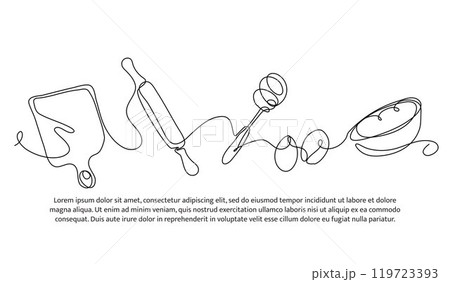 Continuous line design of cake cooking equipment. Single line decorative element drawn on white. Continuous line design of cake cooking equipment. Single line decorative element drawn on white. 119723393