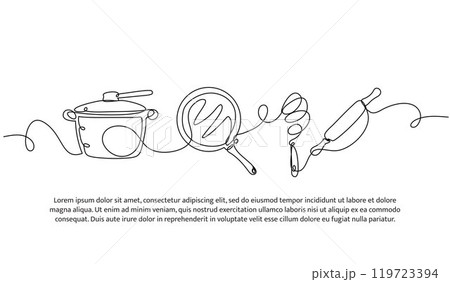 Continuous line design of kitchen appliances. Single line decorative element drawn on white. Continuous line design of kitchen appliances. Single line decorative element drawn on white. 119723394
