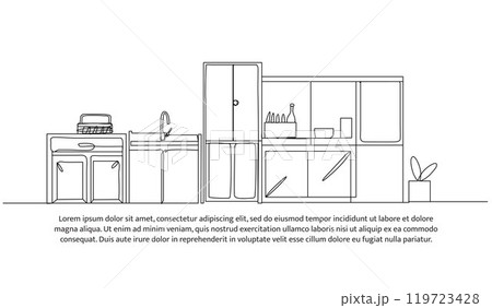 Continuous one line design of kitchen interior. Minimalist style vector illustration on white background. Continuous one line design of kitchen interior. Minimalist style vector illustration on white background. 119723428