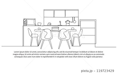 Continuous one line design of kitchen interior. Minimalist style vector illustration on white background. Continuous one line design of kitchen interior. Minimalist style vector illustration on white background. 119723429