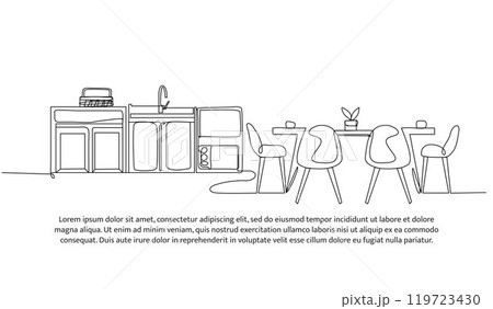 Continuous one line design of kitchen interior. Minimalist style vector illustration on white background. Continuous one line design of kitchen interior. Minimalist style vector illustration on white background. 119723430