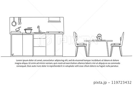 Continuous one line design of kitchen interior. Minimalist style vector illustration on white background. Continuous one line design of kitchen interior. Minimalist style vector illustration on white background. 119723432