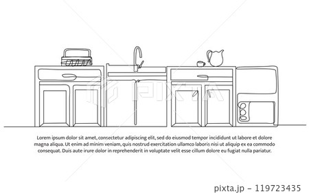 Continuous one line design of kitchen interior. Minimalist style vector illustration on white background. Continuous one line design of kitchen interior. Minimalist style vector illustration on white background. 119723435