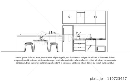 Continuous one line design of kitchen interior. Minimalist style vector illustration on white background. 119723437