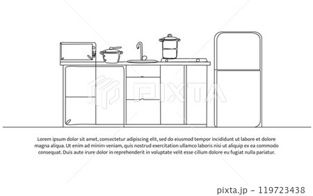 Continuous one line design of kitchen interior. Minimalist style vector illustration on white background. 119723438