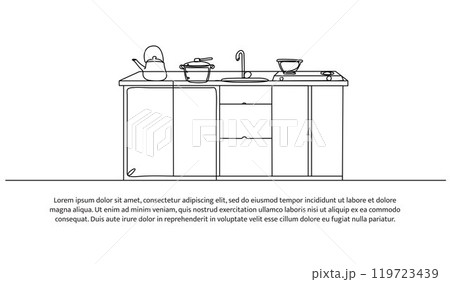 Continuous one line design of kitchen interior. Minimalist style vector illustration on white background. 119723439