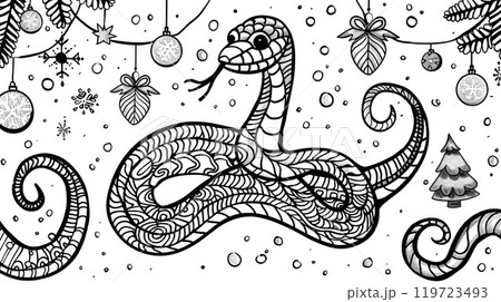 Cute snake and christmas baubles. Coloring page. Extremely simple pencil line drawing Cute snake and christmas baubles. Coloring page. Extremely simple pencil line drawing 119723493