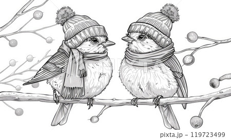 Cute birds in hat and scarf sitting on the branch. Coloring page. Extremely simple pencil line drawing Cute birds in hat and scarf sitting on the branch. Coloring page. Extremely simple pencil line drawing 119723499