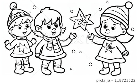 Happy children in winter clothes. Christmas theme. Coloring book page for kids. Black and white illustration Happy children in winter clothes. Christmas theme. Coloring book page for kids. Black and white illustration 119723522