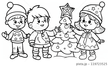 Happy children in winter clothes near the Christmas tree. Christmas theme. Coloring book page for kids. Black and white 119723525