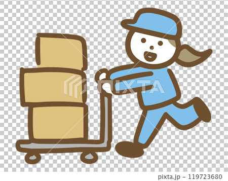 台車で段ボールの荷物を運ぶ作業員の若い女性(全身) 台車で段ボールの荷物を運ぶ作業員の若い女性(全身) 119723680