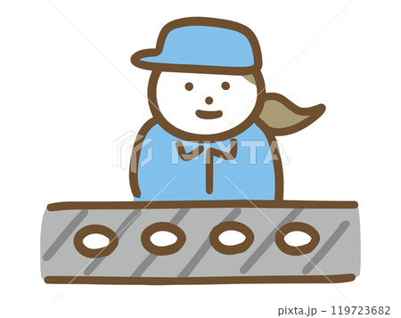 目視検査のライン作業をしている作業服の若い女性(上半身・正面) 目視検査のライン作業をしている作業服の若い女性(上半身・正面) 119723682