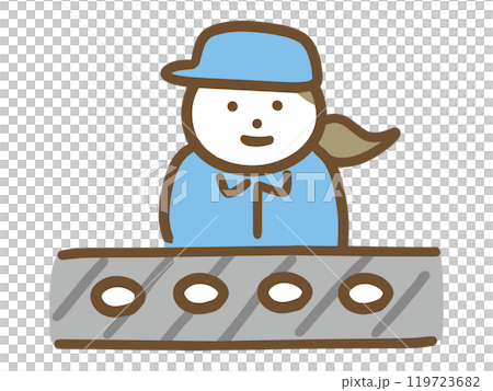 目視検査のライン作業をしている作業服の若い女性(上半身・正面) 目視検査のライン作業をしている作業服の若い女性(上半身・正面) 119723682