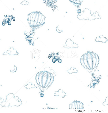 Seamless pattern with cute baby elephant flying in a hot air balloon and retro baby car in toile de jouy style. Vintage line art background. Seamless pattern with cute baby elephant flying in a hot air balloon and retro baby car in toile de jouy style. Vintage line art background. 119723780