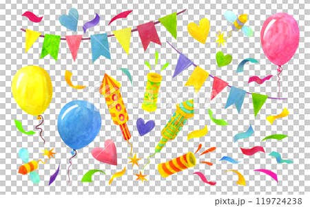 Set of isolated hand drawn watercolor holiday elements. Includes flag garlands, confetti, balloons, firecrackers, petards, hearts for children birthday or festive party printings and designs Set of isolated hand drawn watercolor holiday elements. Includes flag garlands, confetti, balloons, firecrackers, petards, hearts for children birthday or festive party printings and designs 119724238