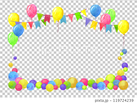 Horizontal festive frame of balloons, flag garlands and multi-colored balls. Celebration concept. Watercolor border template with empty place for text. Hand drawn sample for holiday design or printing Horizontal festive frame of balloons, flag garlands and multi-colored balls. Celebration concept. Watercolor border template with empty place for text. Hand drawn sample for holiday design or printing 119724239