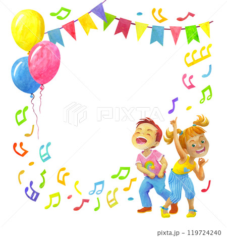 Cool school age girl and boy dancing at a kid party. Watercolor festive frame with holiday elements: balloons and garlands of flags, strewn with flying notes. Cartoon background with space for text 119724240