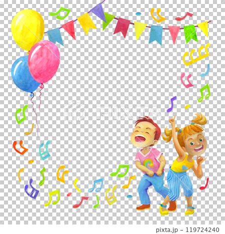 Cool school age girl and boy dancing at a kid party. Watercolor festive frame with holiday elements: balloons and garlands of flags, strewn with flying notes. Cartoon background with space for text 119724240