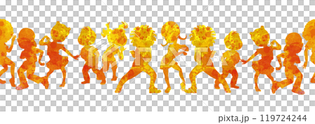 Seamless border or frame with silhouettes of school age children celebrating something, dancing in kids party. Isolated endless illustration for children dancing party design, prints and decorations 119724244