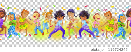Multinational boys and girls dancing merrily and having fun in kid party. Watercolor seamless border. Isolated illustration for children dancing party design, cards, invitations, posters, decorations 119724245