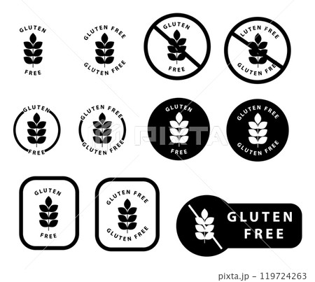 Set of Gluten free label. Gluten free icon. Gluten free signs for food packaging labels. No gluten emblem for product. Gluten free sticker. flat style. 119724263