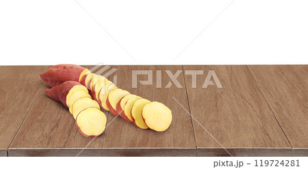 Sweet potato on wooden table isolated on white background. Sweet potato on wooden table isolated on white background. 119724281