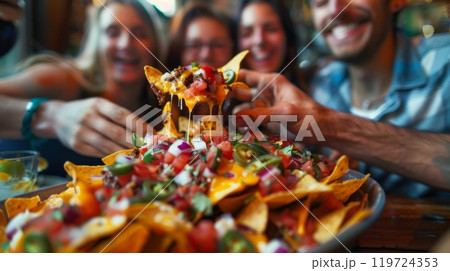 A group of friends sharing a large plate of nachos topped with gooey cheese and colorful salsa 119724353