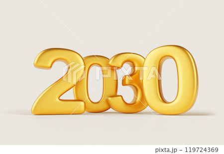 2030 Happy New Year golden number design on white background 3d render. Elegant gold metal font typography for poster, banner, calendar, greeting card and Christmas celebration 2030. 3D illustration 119724369