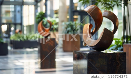 Modern sculptures sit atop sleek pedestals adding an artistic touch to the atrium Modern sculptures sit atop sleek pedestals adding an artistic touch to the atrium 119724371
