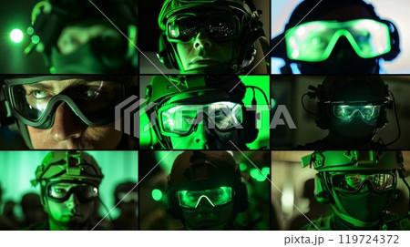 A montage of different scenarios showcasing the diverse uses of the Neutrino Night Vision Goggles in various industries and fields A montage of different scenarios showcasing the diverse uses of the Neutrino Night Vision Goggles in various industries and fields 119724372