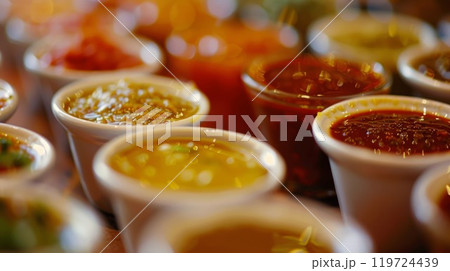 A variety of condiments and sauces neatly lined up in a row and ready for diners to add to their meals 119724439