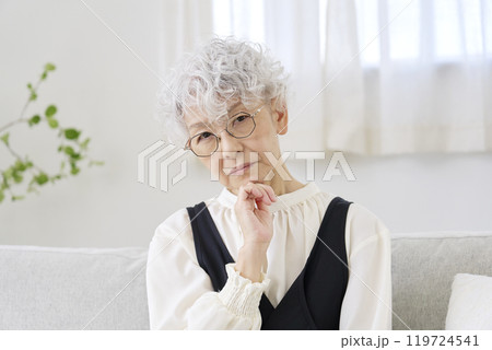 考えるシニア女性 リビング カメラ目線 考えるシニア女性 リビング カメラ目線 119724541