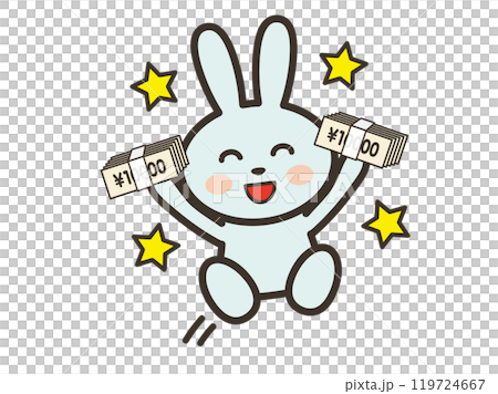Illustration of a cute rabbit jumping with joy after receiving a large sum of money Illustration of a cute rabbit jumping with joy after receiving a large sum of money 119724667