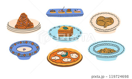 Set of Italian dishes. Pasta, lasagna, pizza with mozzarella, gnocchi. Vector illustration in modern style Set of Italian dishes. Pasta, lasagna, pizza with mozzarella, gnocchi. Vector illustration in modern style 119724698