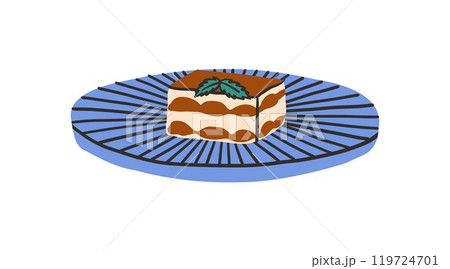 Italian dessert tiramisu in a flat style. Tasty sweet food. Handmade ceramics. Vector illustration in modern style Italian dessert tiramisu in a flat style. Tasty sweet food. Handmade ceramics. Vector illustration in modern style 119724701