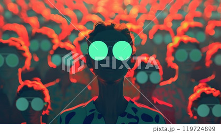 A person standing in a crowded room their goggles allowing them to isolate and see individual people 119724899