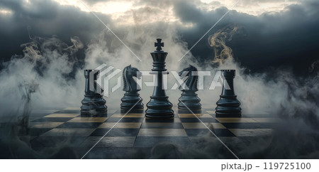 Set of chess pieces element stating on chessboard, queen rook. Cinematic lighting. Leadership, teamwork, partnership, business strategy, and decision concept. Generative Ai. 119725100
