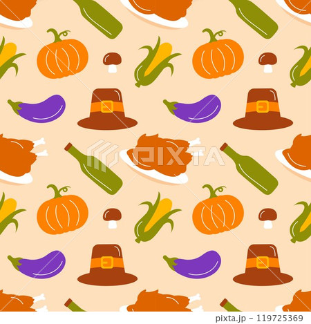Festive Thanksgiving Day Seamless Pattern Template with Flat Style Cartoon Elements Illustration 119725369