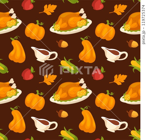 Festive Thanksgiving Day Seamless Pattern Template with Flat Style Cartoon Elements Illustration 119725374