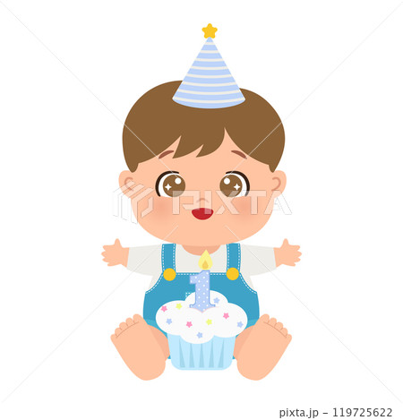 Cute birthday boy with sweet cupcake and candle number 1 119725622
