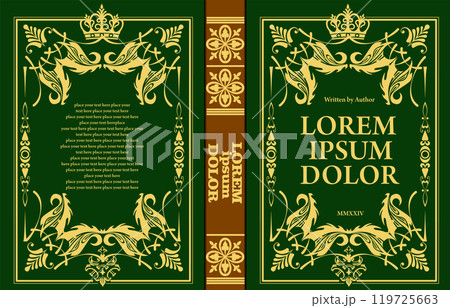 Elegant green and gold book cover design featuring crown and flourishes 119725663