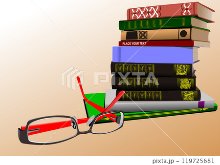 Stack of books with red eyeglasses represents studying and reading 119725681