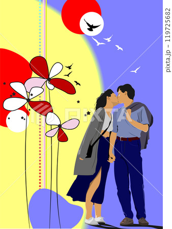 Man and woman kissing in front of a sunset 119725682