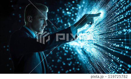 A businessman interacts with a neural network display, connecting with digital data flows around him. The concept of merging business intelligence with AI, innovation in data analysis. Generative AI. 119725782