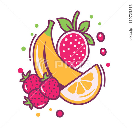 Colorful Fresh Tropical Fruits of Banana Strawberry Orange Healthy Food 119725818