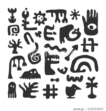 Black Art Creatures, Monster Shapes Set Doodle Figures for Community or Mythical Nightmares Concept Flat Design Style. Vector illustration Black Art Creatures, Monster Shapes Set Doodle Figures for Community or Mythical Nightmares Concept Flat Design Style. Vector illustration 119725853