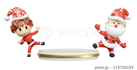 3d podium empty with santa claus and santa girl isolated. poster or happiness cards, merry christmas, festive New Year concept, 3d render illustration 119726193